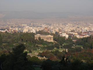 Fototapeta na wymiar An aerial view of Hephaestus Temple in the middle downtown Athens, Greece.