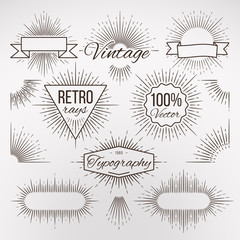 Vintage burst shape decoration for typography, retro stars light ray, sunshine sketchy radiant lines vector collection