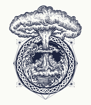 Nuclear explosion tattoo art. Symbol of destruction and death