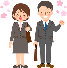 Fototapeta na wymiar スーツを着た笑顔の男女と桜