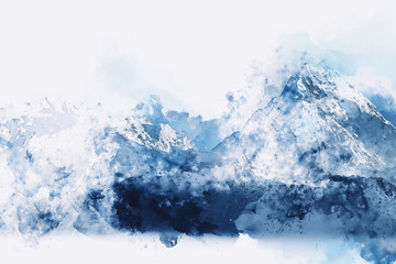Abstract mountains in blue tone,  digital watercolor painting