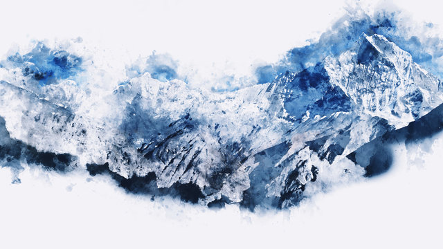 Abstract mountains in blue tone,  digital watercolor painting
