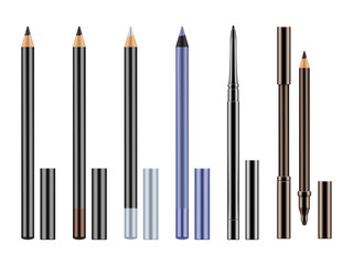 Set of different types realistic eyeliners. Black, silver, brown and blue pencils for eyes with caps. Cosmetic product for makeup and beauty eyes. Vector illustration isolated on white background.