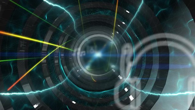 Seamless abstract animation of social media multimedia tunnel with futuristic symbol technology design. Futuristic media icon zooming with light flash sci-fi for background presentation title 4k loop