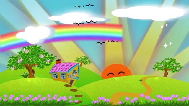 Animation cartoon illustration of cute house cottage on the hill with sunrise and rainbow. Cartoon house on the spring hill in kid story concept in 4k.