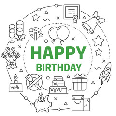 Fototapeta premium Vector linear illustration white background happy birthday