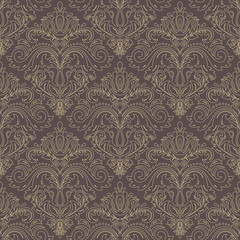Seamless damask pattern. Traditional classic orient ornament with golden outline