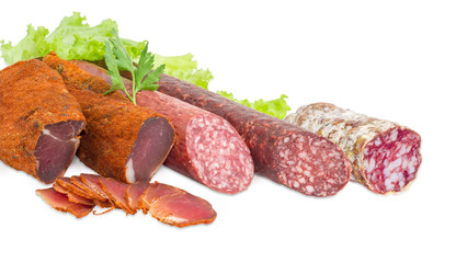 Dried pork tenderloin and three different varieties of sausages