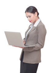 business woman Using a laptop in her hand isolate white background