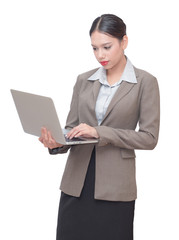 business woman Using a laptop in her hand isolate white background