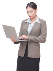 business woman Using a laptop in her hand isolate white background