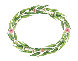 Watercolor oval wreath with eucalyptus leaves and branches.