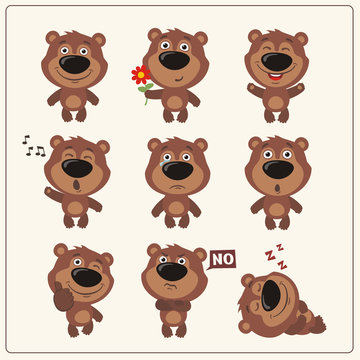 Funny little bear set in different poses. Collection isolated teddy bear in cartoon style.