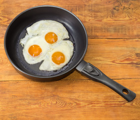 Three fried eggs in the frying pan on wooden planks
