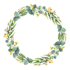 Watercolor round wreath with eucalyptus leaves and branches.