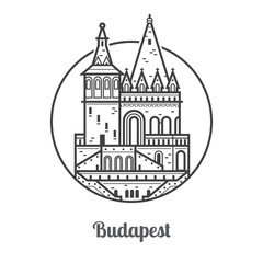 Travel Budapest icon. Fisherman bastion towers is one of the famous architectural landmarks and attractions in Hungary capital. Thin line Budapest tourist destination icon in circle.