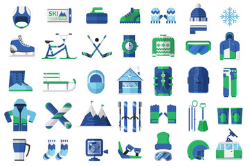 Winter sports icon set. Skiing, snowboarding and other snow activities vector objects. Snowboard and ski equipment with ski resort elements in flat design.