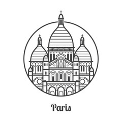 Travel Paris icon. Sacre Coeur church is one of the famous architectural landmarks and tourist attractions in capital of France. Thin line Basilica of the Sacred Heart of Paris icon in circle.