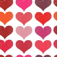 Seamless pattern with red hearts. Different red hearts on a white background. Vector valentine illustration.
