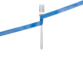  fork and measuring tape isolated on white background