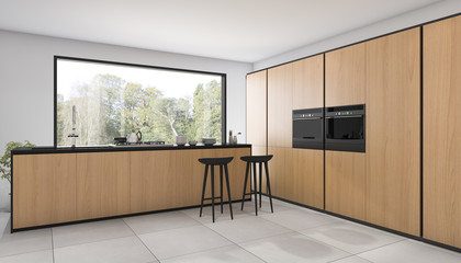 3d rendering nice wood design kitchen with view from window