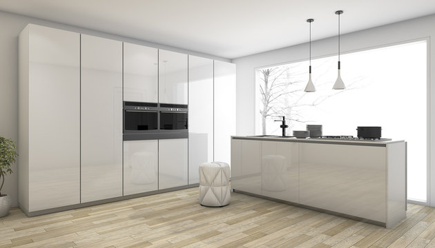 3d Rendering White Minimal Kitchen In Winter