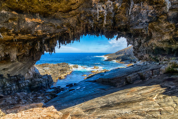 Admirals Arch. Famous "Admirals Arch" at Flinders Chase National Park, Kangaroo Island, Australia. Amazing rock formation, seals in the background.