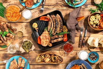 Papier Peint photo autocollant Grill / Barbecue Dinner table with variety food grilled, top view