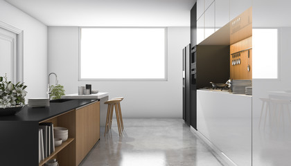 3d rendering loft white kitchen with wood built in