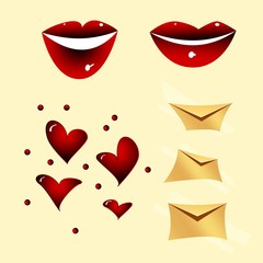 oformneniya for Valentine's Day red female lips maroon heart envelopes nvrisovannyh style cartoon banners for design postcards