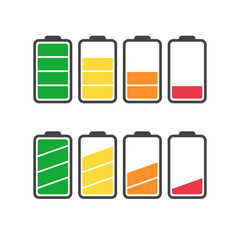 Battery icon vector set isolated on white background. Symbols of battery charge level, full and low. The degree of battery power flat vector illustration.