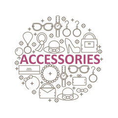 Set of women's fashion accessories in the style of a line located inside the circle. Vector illustration.