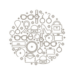 Set of women's fashion accessories in the style of a line located inside the circle. Vector illustration.
