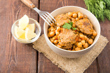 chickpeas with meat with vegetables and greens