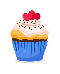 Cupcake illustration with hearts decoration and confetti, on white background. Vector icon