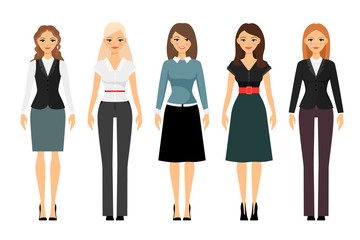 Obraz premium Beautiful women in different style clothes vector icons on white background. Women dress code illustration