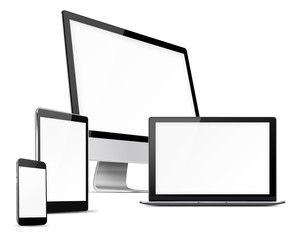 Computer monitor, mobile phone, laptop and tablet pc with blank screen isolated on white background. 3D illustration.