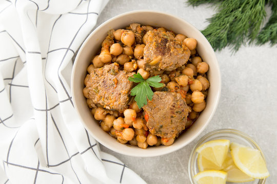 chickpeas with meat with vegetables and greens