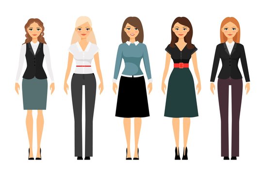 Beautiful women in different style clothes vector icons on white background. Women dress code illustration