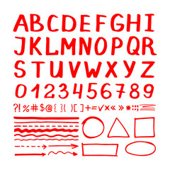 Marker pen red hand written vector elements on white background. Number, letters and arrows icons collection