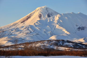 Winter view of eruption active Klyuchevskoy Volcano