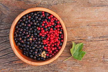 Sweet, black and red currant and green leaves in wooden bowl. Closeup. Selective focus.