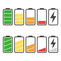 Battery icon vector set isolated on white background. Symbols of battery charge level, full and low. The degree of battery power flat vector illustration.