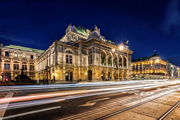 Fototapeta na wymiar Wien opera building facade at night and traffic trails