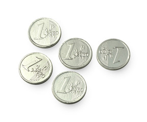 chocolate euro coins as a concept for finance, isolate on white