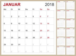 Calendar 2018, German calendar template for year 2018, set of 12 months, week starts on Monday, printable calendar templates