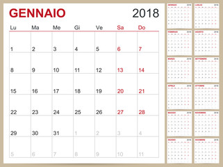 Calendar 2018, Italian calendar template for year 2018, set of 12 months, week starts on Monday, printable calendar templates