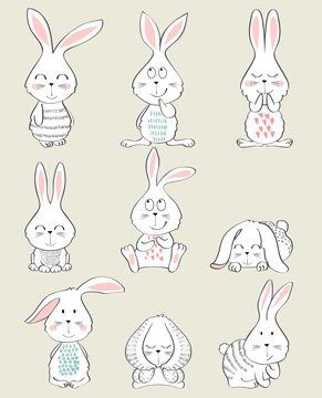 Set of cartoon rabbits with great emotions.