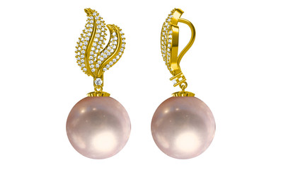 Golden earrings with diamonds isolated on white