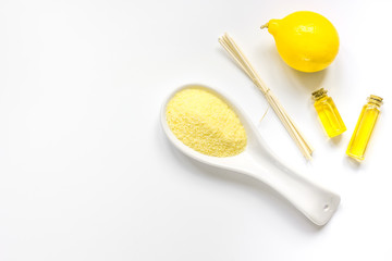 Spa with oil and salt on white background top view mockup